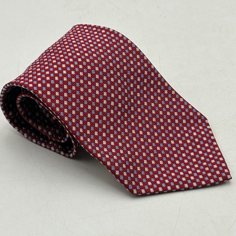 Faconnable Red Blue White 100% Silk Geometric Necktie Tie Made In France